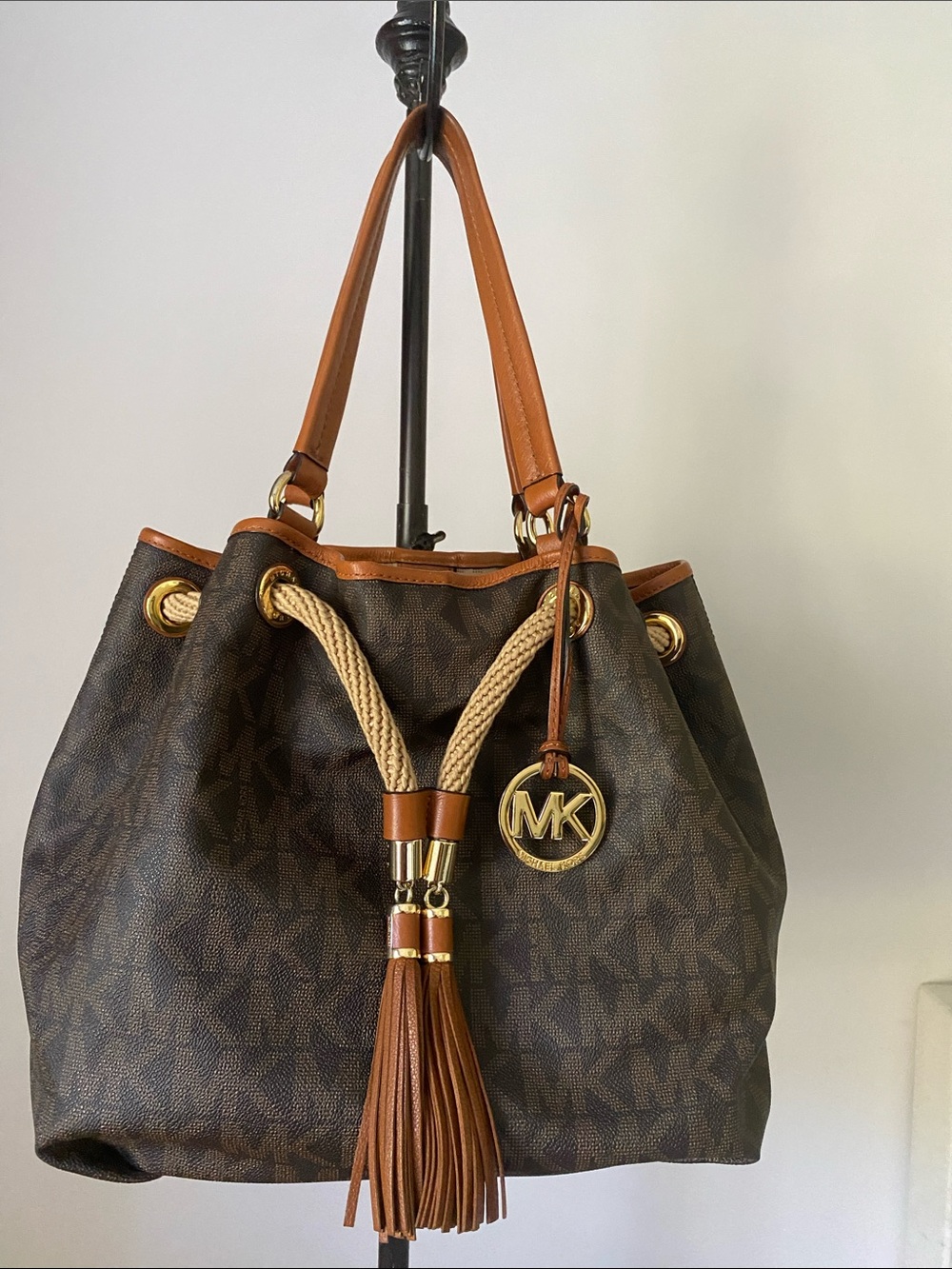 Michael Kors Marina Large Drawstring Shoulder Bag MK Signature Brown